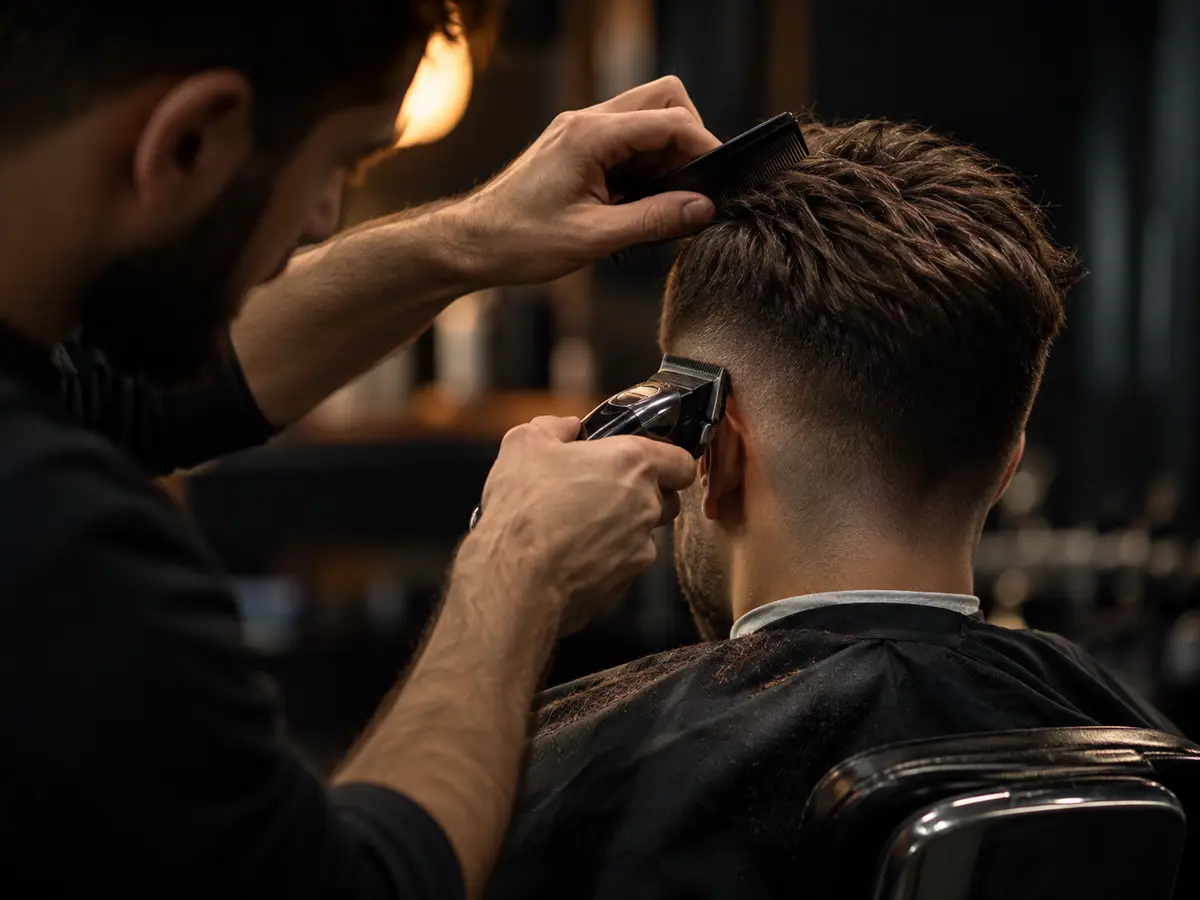 Barbero cortando el pelo de un cliente con peine y máquina