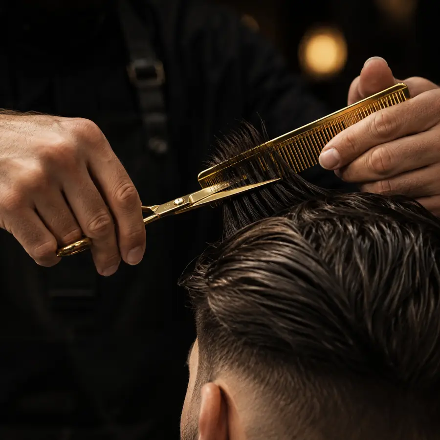 Barbero ajustando un corte con peine