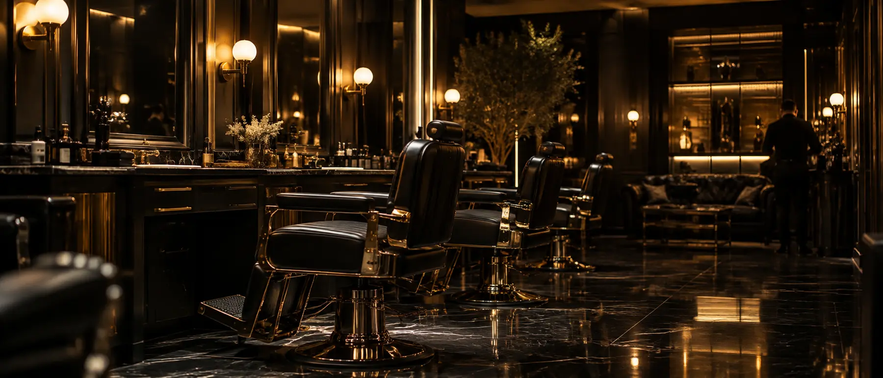 Interior de barbería con sillones de cuero y espejos iluminados